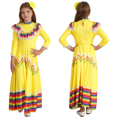 Kids Girls Mexican Style Costume Traditional Jalisco Dresses Carnival Festival Folklorico Dance Celebrations Performance Dress