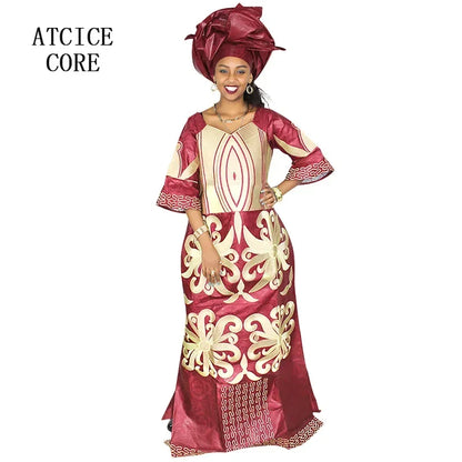 African Dress For Woman Bazin Riche Embroidery Design Floor Length Dress With Scarf