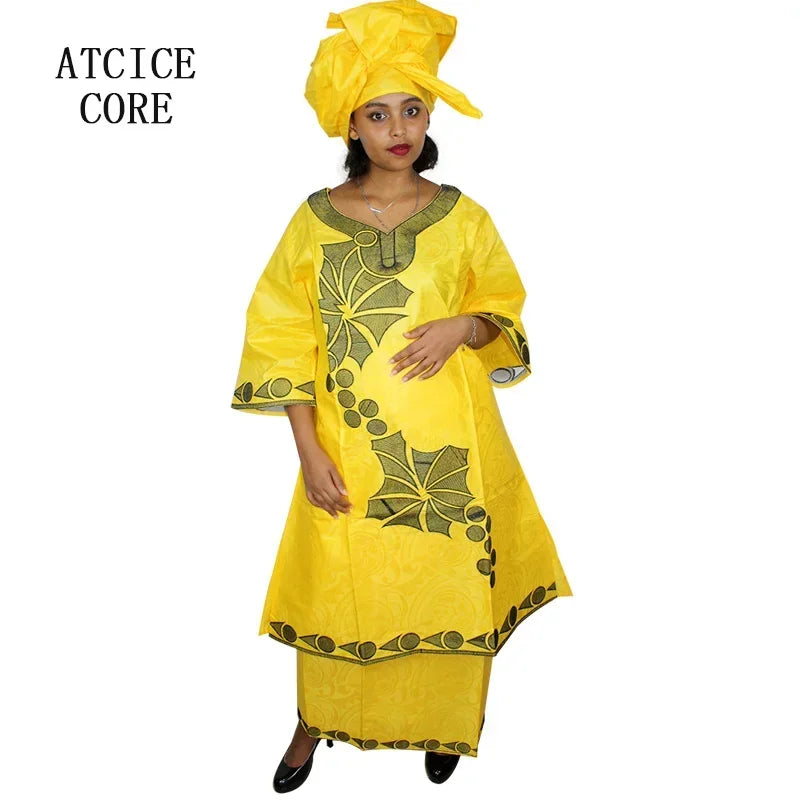 African Dresses Ror Women Bazin Riche Embroidery Design Long Dress With Rapper Scarf