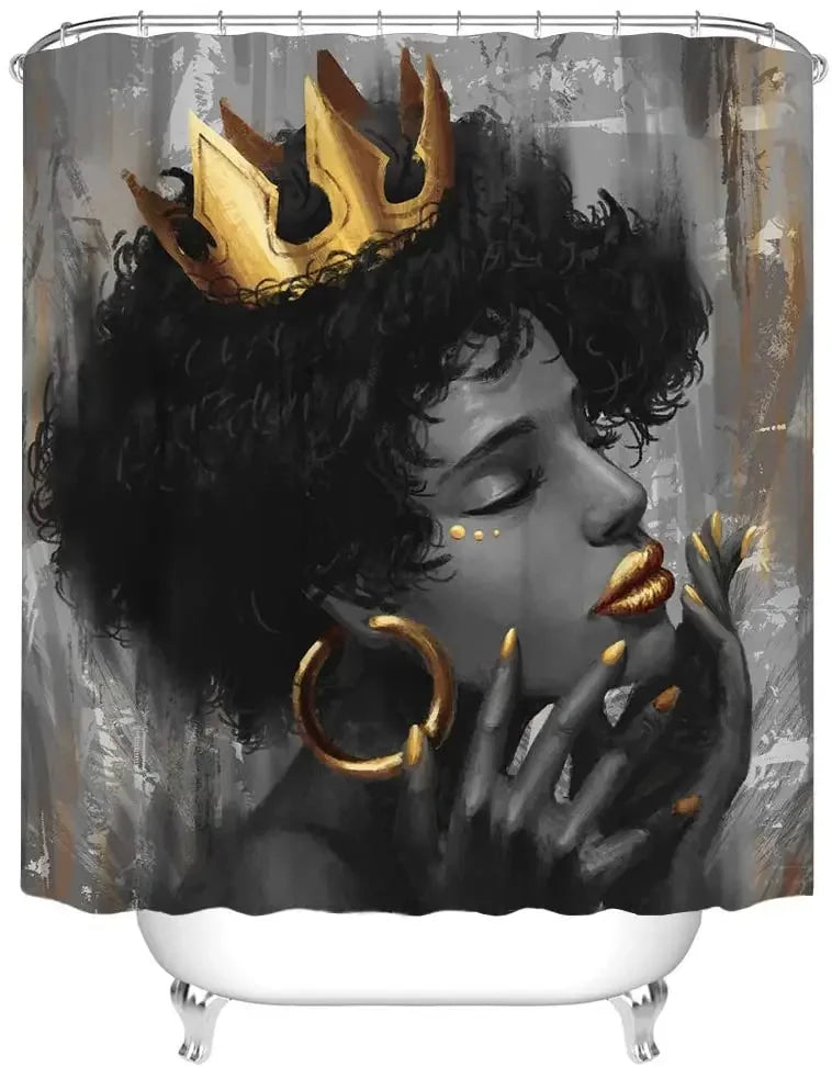 African Women Shower Curtain - Black Girl with Gold Crown Art, Elegant Bathroom Décor