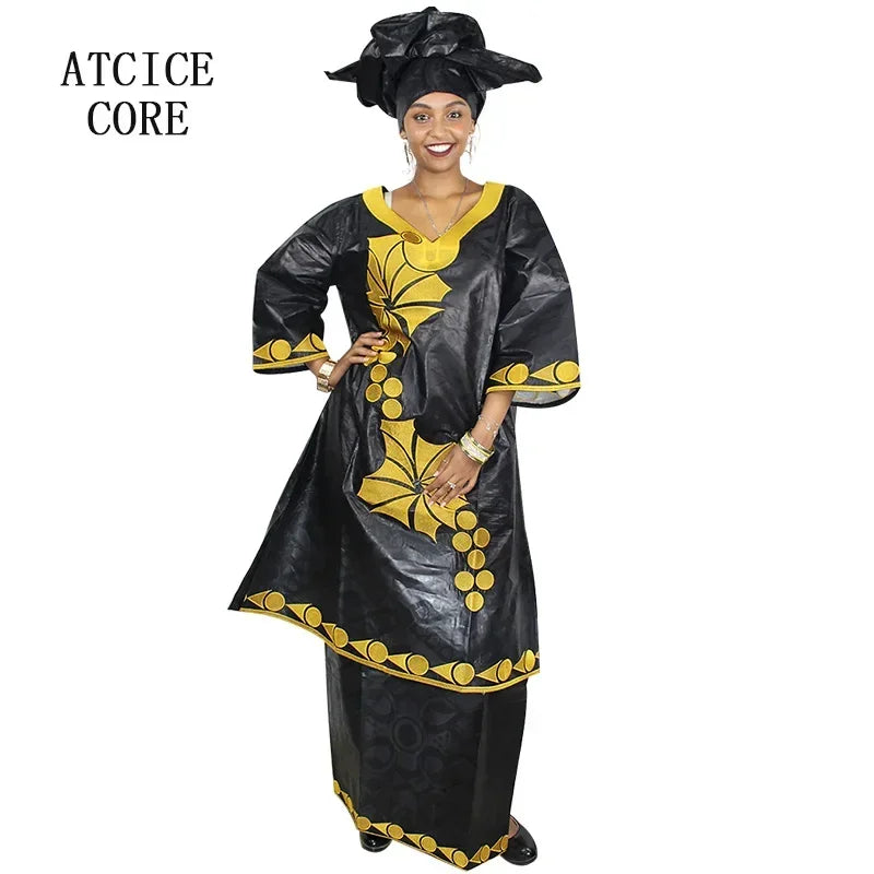 African Dresses Ror Women Bazin Riche Embroidery Design Long Dress With Rapper Scarf