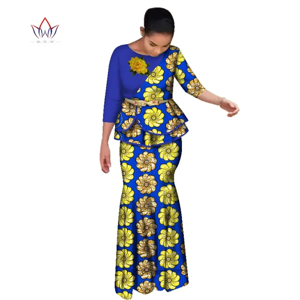 BRW Traditional African Clothes for Women Dashiki 2 Pcs Outfits Rose Applique Tops and Long Skirt Set Elegant Party Dress WY2642