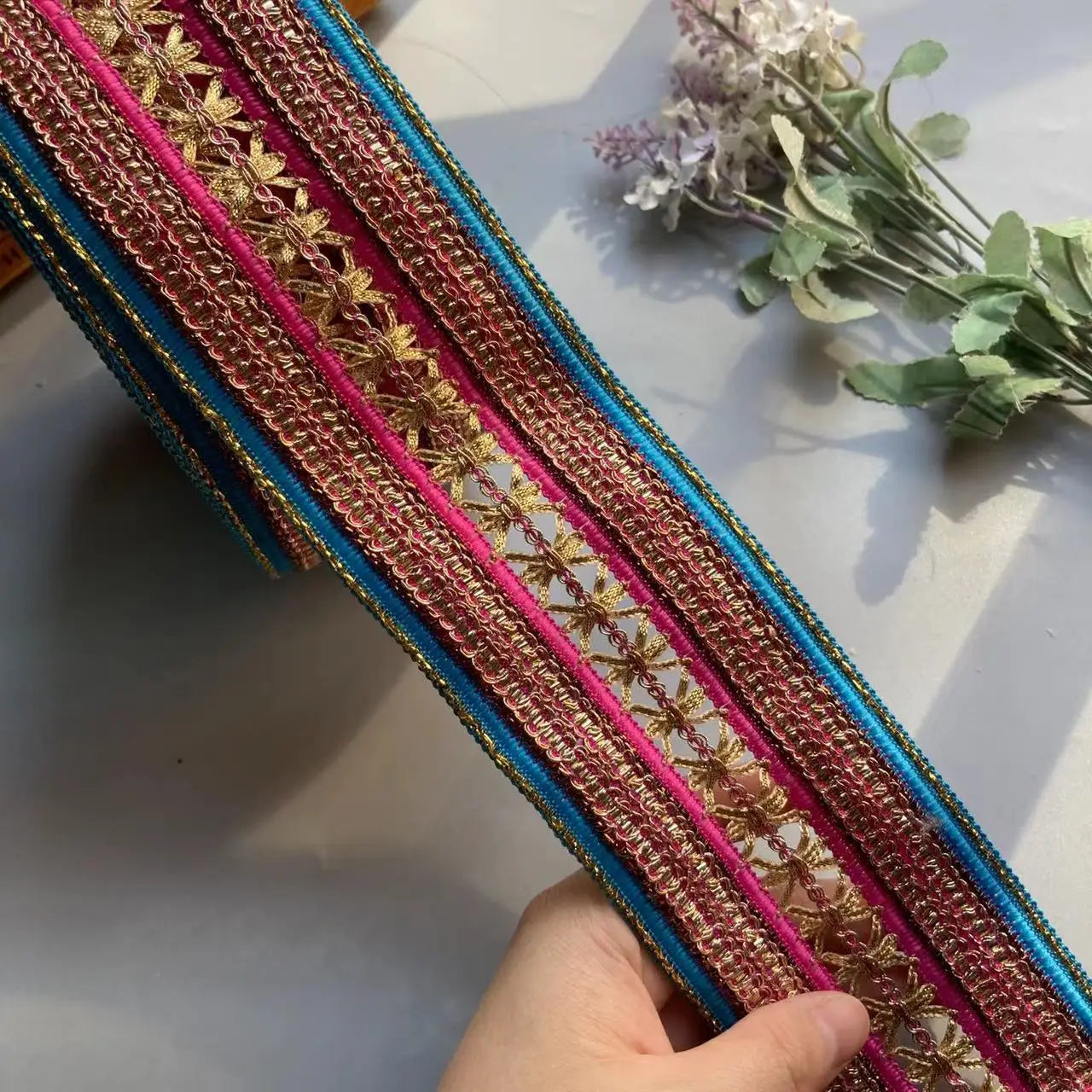 1 Yard Pink 7cm Rice Lace Trim Ribbon Ethnic Clothing Gold Thread Embroidery Sequin Fabric Jacquard Webbing Garment Accessories