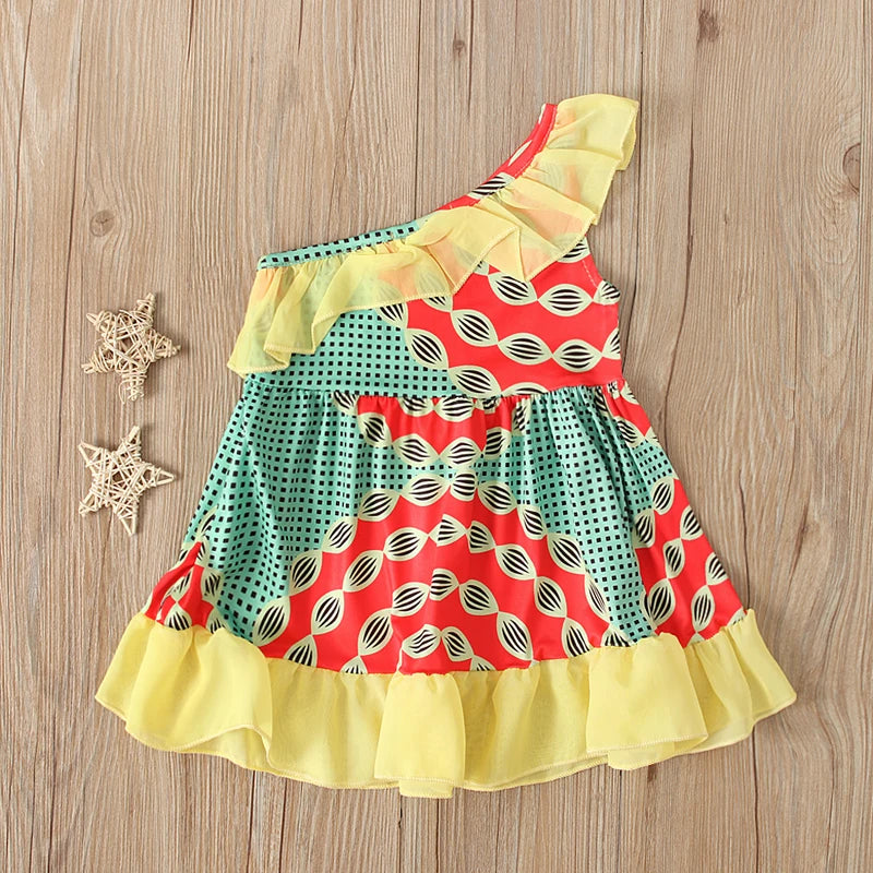 Children's European and American summer girls African Bohemian style curled shoulder dress children's clothing