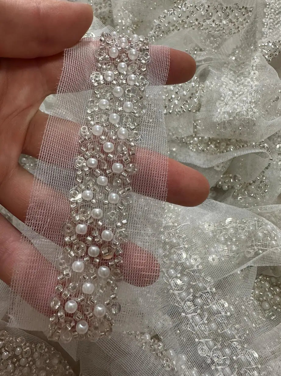 90cm Sequin Pearl Beaded Lace Trim Mesh Lace Ribbon Fabric Clothes Decoration Wedding Dress Collar Sleeve African Lace Applique