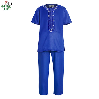 H&D Shirt Pants 2 Pieces Set For Kids Boys 2022 African Outfit Children Dashiki Embroidery Short Sleeve Top Trouser Suit Robe