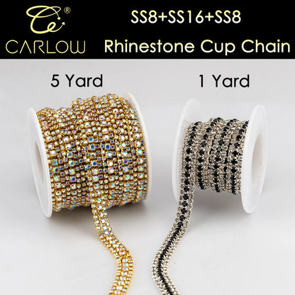 CARLOW AAAAA 3 Rows Rhinestone Cup Chain Sew on Shiny Gold Base Glass Stone Chain for Garement Decoration DIY