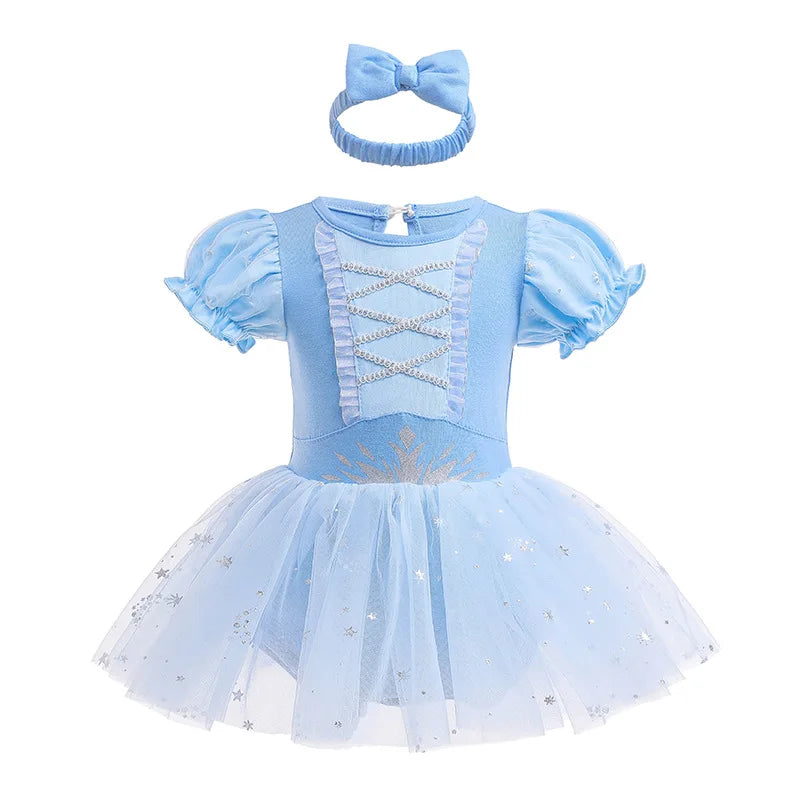 Baby Girls Princess Romper Bodysuit Headband 2pcs Elsa Anna Snow White Mermaid Bell Costumes Newborn Jumpsuits Tulle Bow Rompers