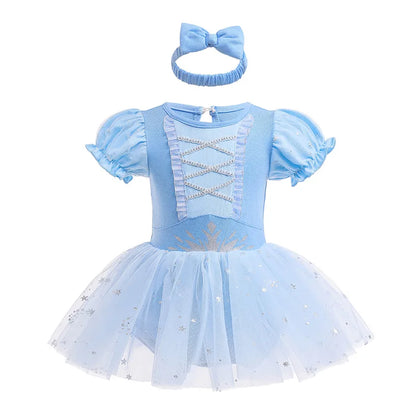 Baby Girls Princess Romper Bodysuit Headband 2pcs Elsa Anna Snow White Mermaid Bell Costumes Newborn Jumpsuits Tulle Bow Rompers