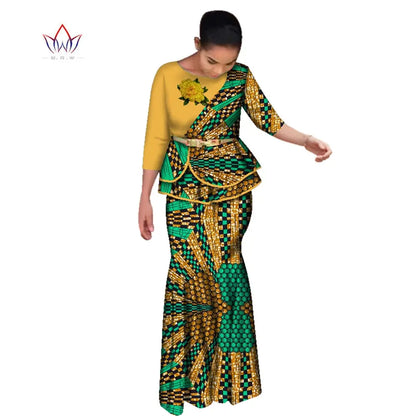 BRW Traditional African Clothes for Women Dashiki 2 Pcs Outfits Rose Applique Tops and Long Skirt Set Elegant Party Dress WY2642