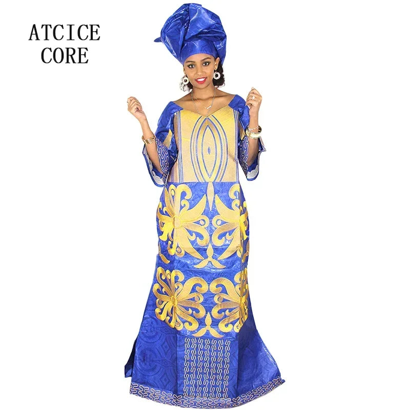 African Dress For Woman Bazin Riche Embroidery Design Floor Length Dress With Scarf