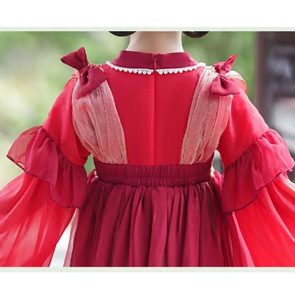 Chinese Vintage Style Girls Long Sleeve Red Hanfu Dress Sweet Chinese Princess Mesh Dress Traditional New Year Cosplay Custom