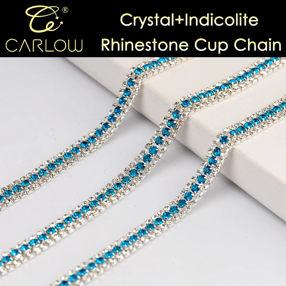 CARLOW AAAAA 3 Rows Rhinestone Cup Chain Sew on Shiny Gold Base Glass Stone Chain for Garement Decoration DIY