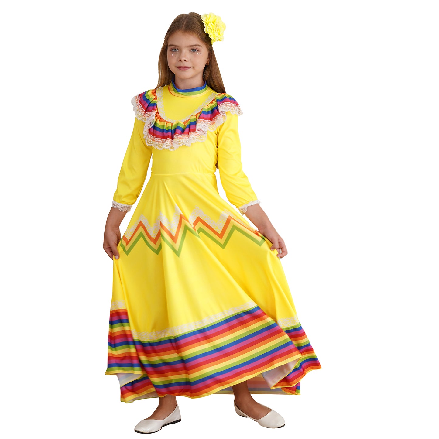 Kids Girls Mexican Style Costume Traditional Jalisco Dresses Carnival Festival Folklorico Dance Celebrations Performance Dress