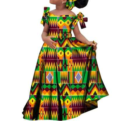 Kids Girls African Dashiki Dress Printted Vestidos Kids Cute Party Dresses African Clothing Long Dresses with Headscarf Wyt659