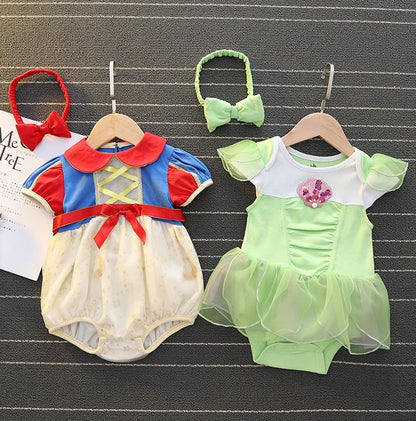 Baby Girls Princess Romper Bodysuit Headband 2pcs Elsa Anna Snow White Mermaid Bell Costumes Newborn Jumpsuits Tulle Bow Rompers