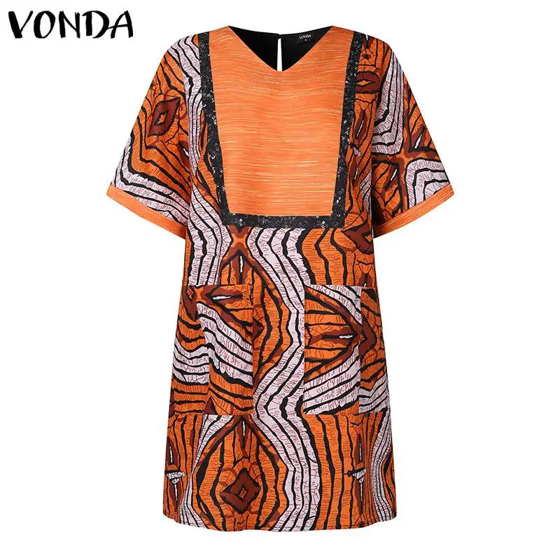 2 Piece Sets Women Summer Printing Loungewear Pants Sets VONDA 2024 Vintage Short Sleeve Tops Loose Pants Suits Matching Sets