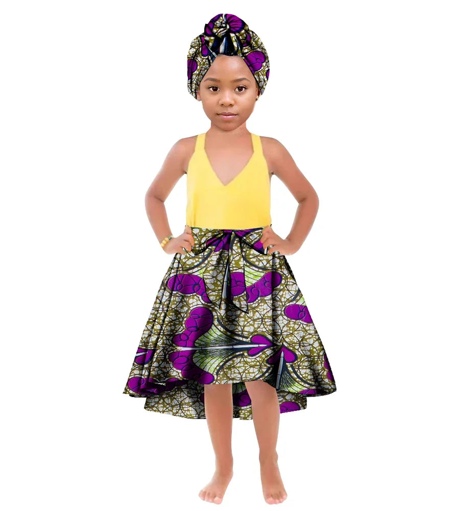 ORIENTAR African Girl's Clothes for Long Ankala Print Skirt Take A Headscarf To The Knees Children Clothing WYT842