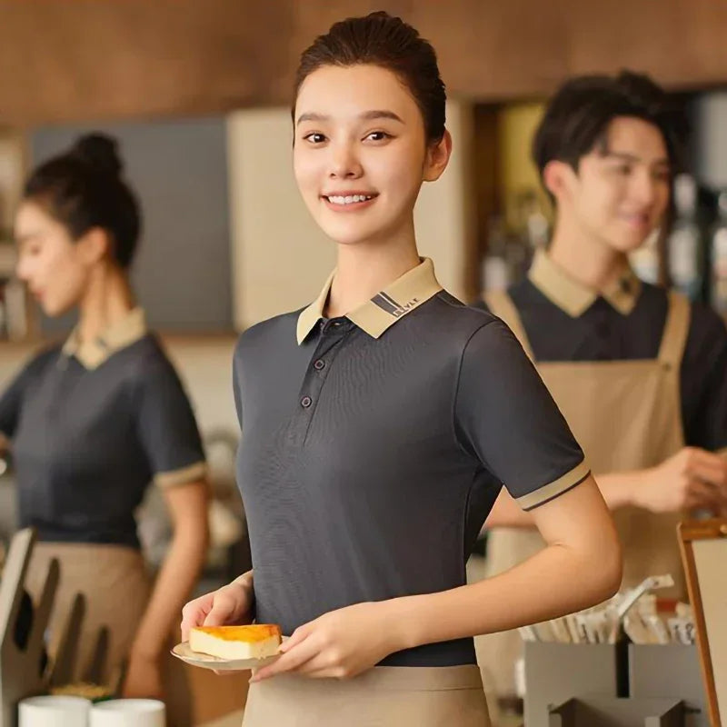 Work Uniform Polo Custom Logo Summer Short Sleeve T Shirt Men Women Restaurant Waiters Polos Free Print on Demand Staff Clothes