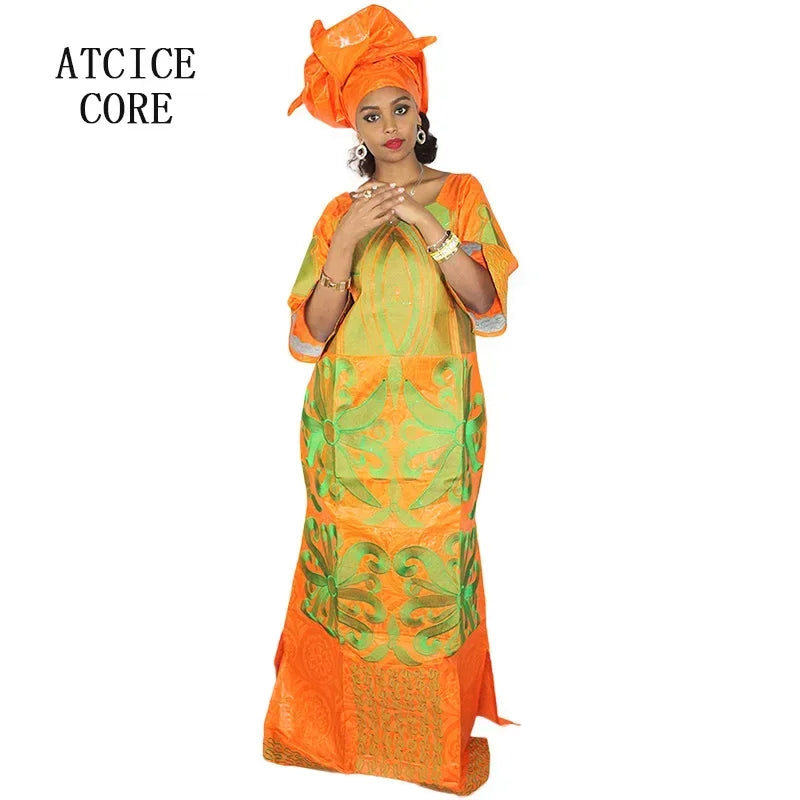 African Dress For Woman Bazin Riche Embroidery Design Floor Length Dress With Scarf