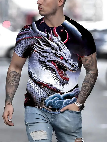 Mens Dragon Print Cotton Blend T-shirt - Stylish Crew Neck Comfortable & Breathable for Summer Casual Everyday Wear Hot Sale