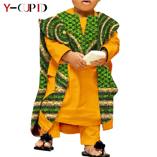 African Clothes for Kids Abaya Boys Outfits Bazin Riche Children Shirt and Pants Print Robes 3 Pieces Sets Ankara Suits S204032