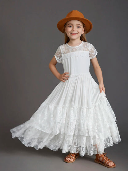 New 2024 Princess Girls Short Sleeve Lace Long Floor Dresses Baby Kids Flower Wedding Christmas Party Vestidos Children Clothing