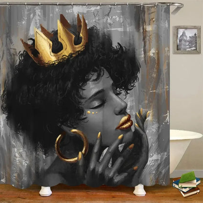 African Women Shower Curtain - Black Girl with Gold Crown Art, Elegant Bathroom Décor