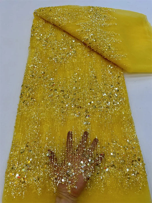 Luxury Yellow Sequins Tube Beads Lace Fabric For Wedding 2024 New Design French African Tulle Mesh Lace For Evening Dress