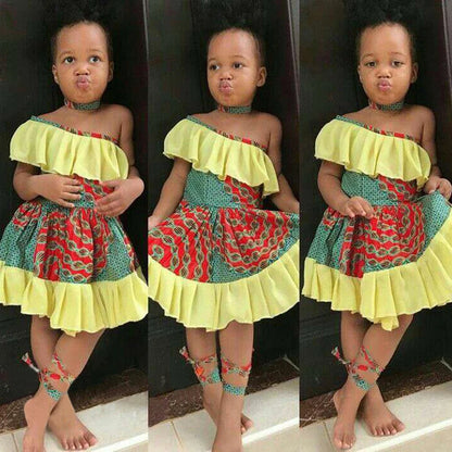 Children's European and American summer girls African Bohemian style curled shoulder dress children's clothing