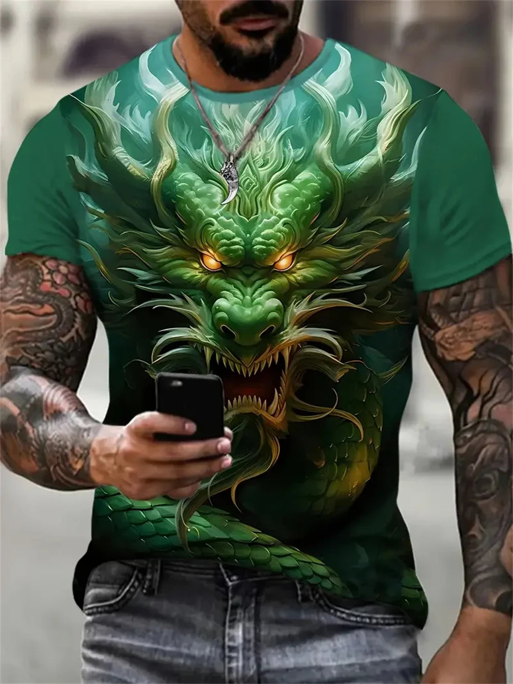 Mens Dragon Print Cotton Blend T-shirt - Stylish Crew Neck Comfortable & Breathable for Summer Casual Everyday Wear Hot Sale