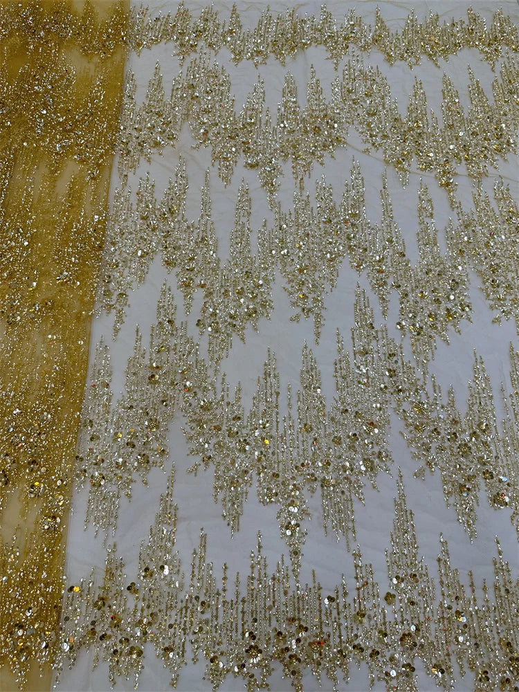 Luxury Yellow Sequins Tube Beads Lace Fabric For Wedding 2024 New Design French African Tulle Mesh Lace For Evening Dress