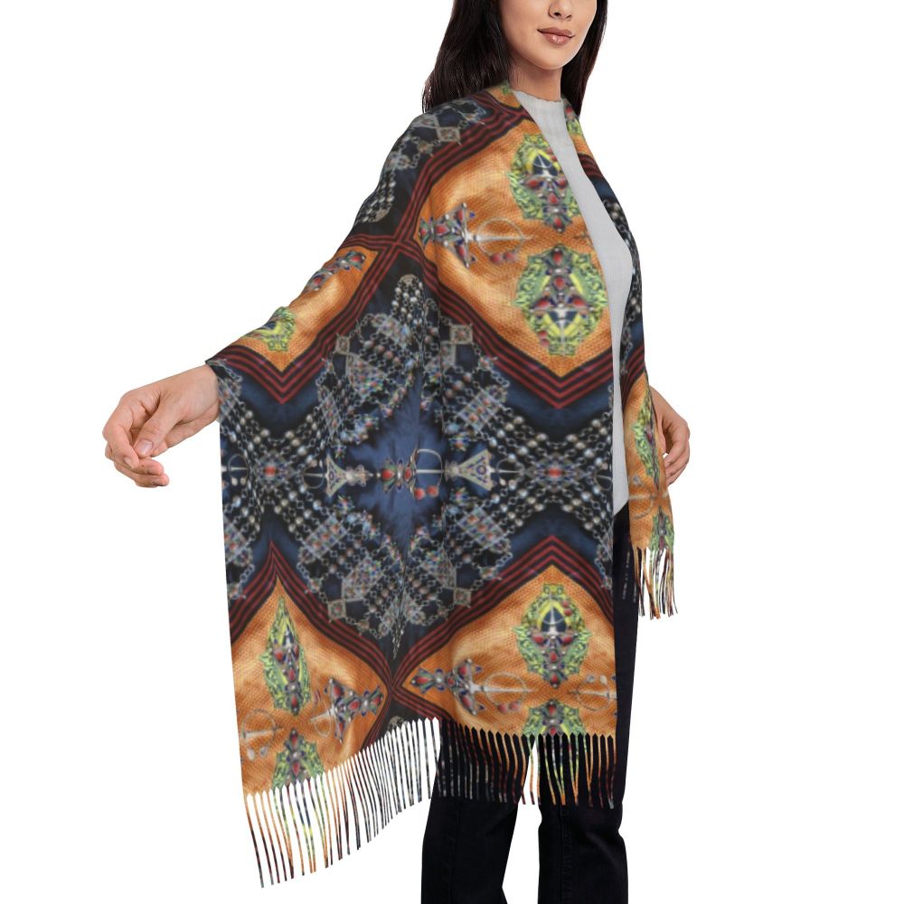 Kabyle Jewelry Scarf Wrap for Women Long Winter Fall Warm Tassel Shawl Unisex Amazigh Africa Ethnic Style Scarves