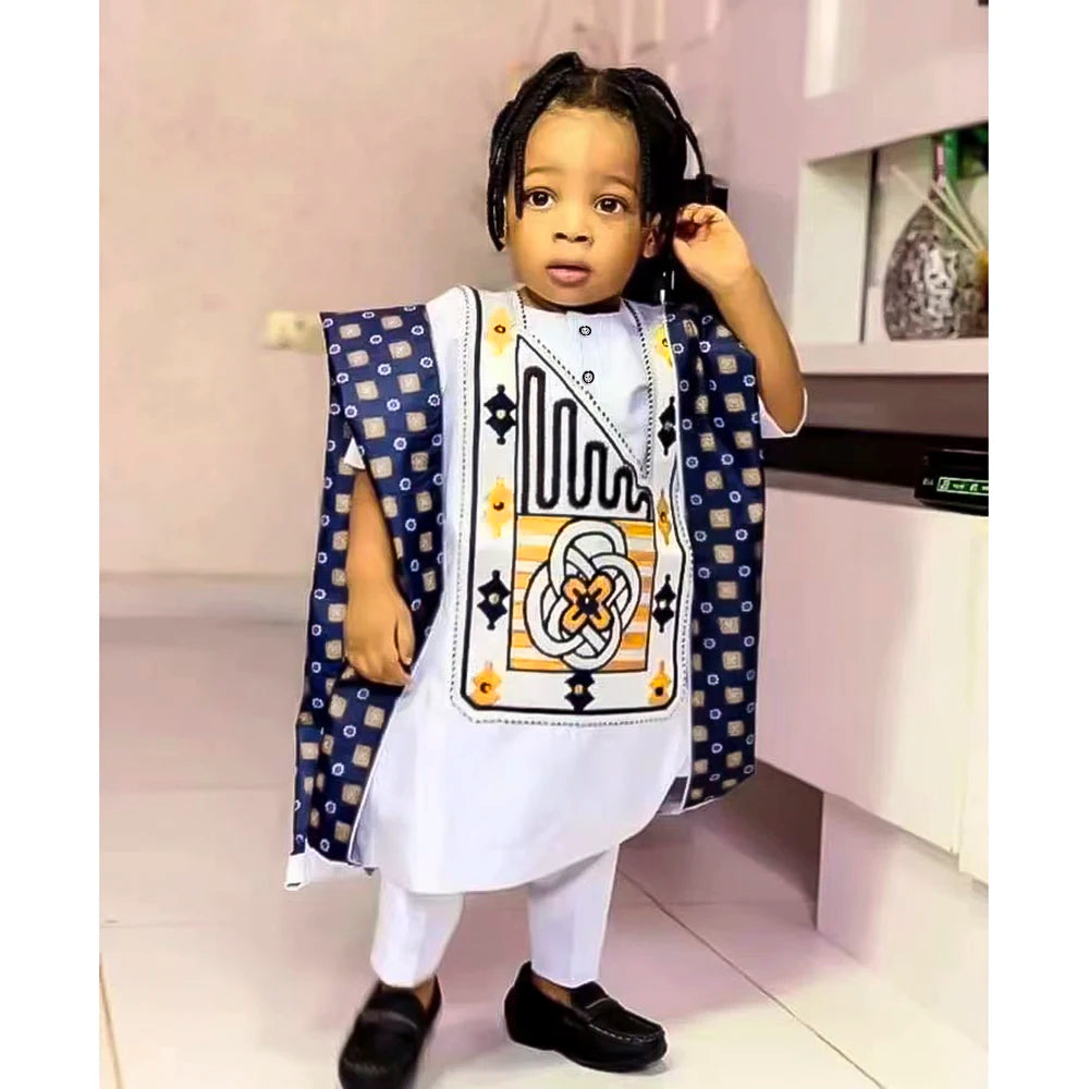 H&D New African Tradition Clothes For Kids Boys White Long Sleeve Tops Embroidery Dashiki Robe Shirt Pant Child Set 3 PCS 2024