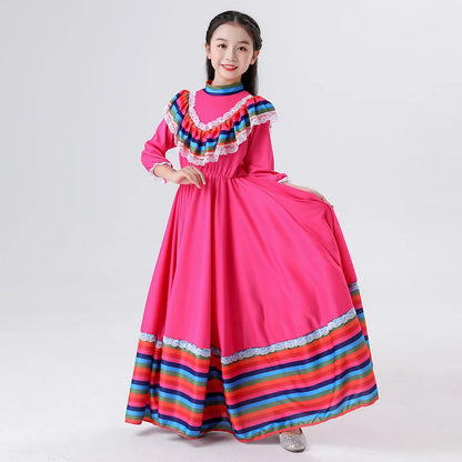 2024 New  Mexican Girls' Skirts Big Skirts Ethnic Style Dresses Dance Costumes Rose Red Costumes Love Live Cosplay