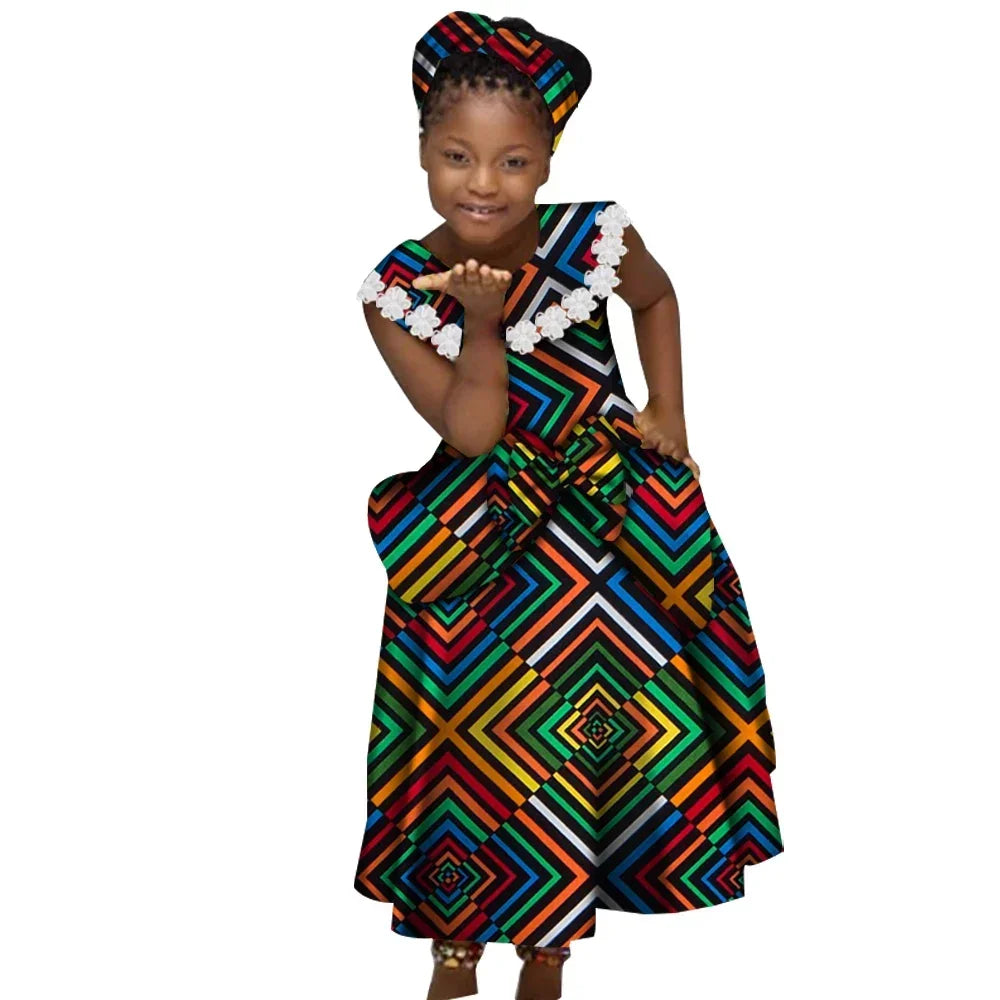 African Dresses for Little Girls Pleated Skirt Gifted Hair Band Lovely Girl Clothing with Big Bow Custom Size Clothes  WYT538