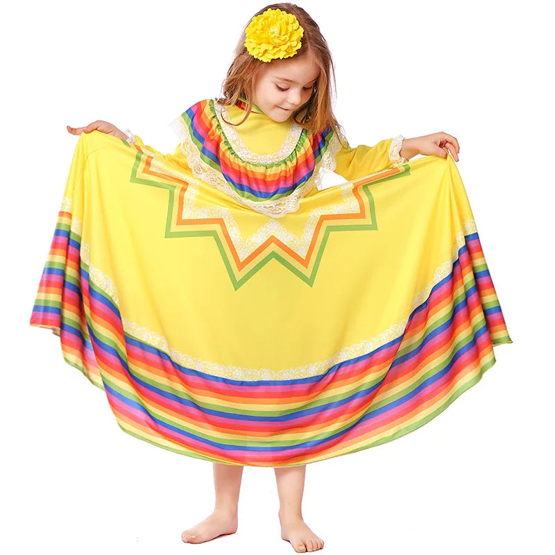 Child Girls Jalisco Traditional Guadalajara Mexican Folk Dancer Costume Halloween Carnival Costumes For Kids 5 Colors Available