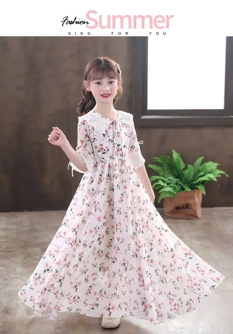 5-16Y Kids Floral Princess Party Dresses For Girls Summer Elegant Children Bohemian Chiffon Maxi Dresses Teenage Girl Clothes 12