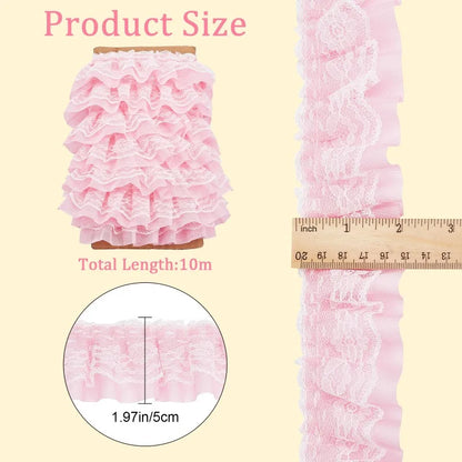 11 Yards Pink Double-Layer Pleated Chiffon Lace Trim 5cm Wide 2-Layer Gathered Ruffle Trim Edging Tulle Trimmings Fabric Ribbon