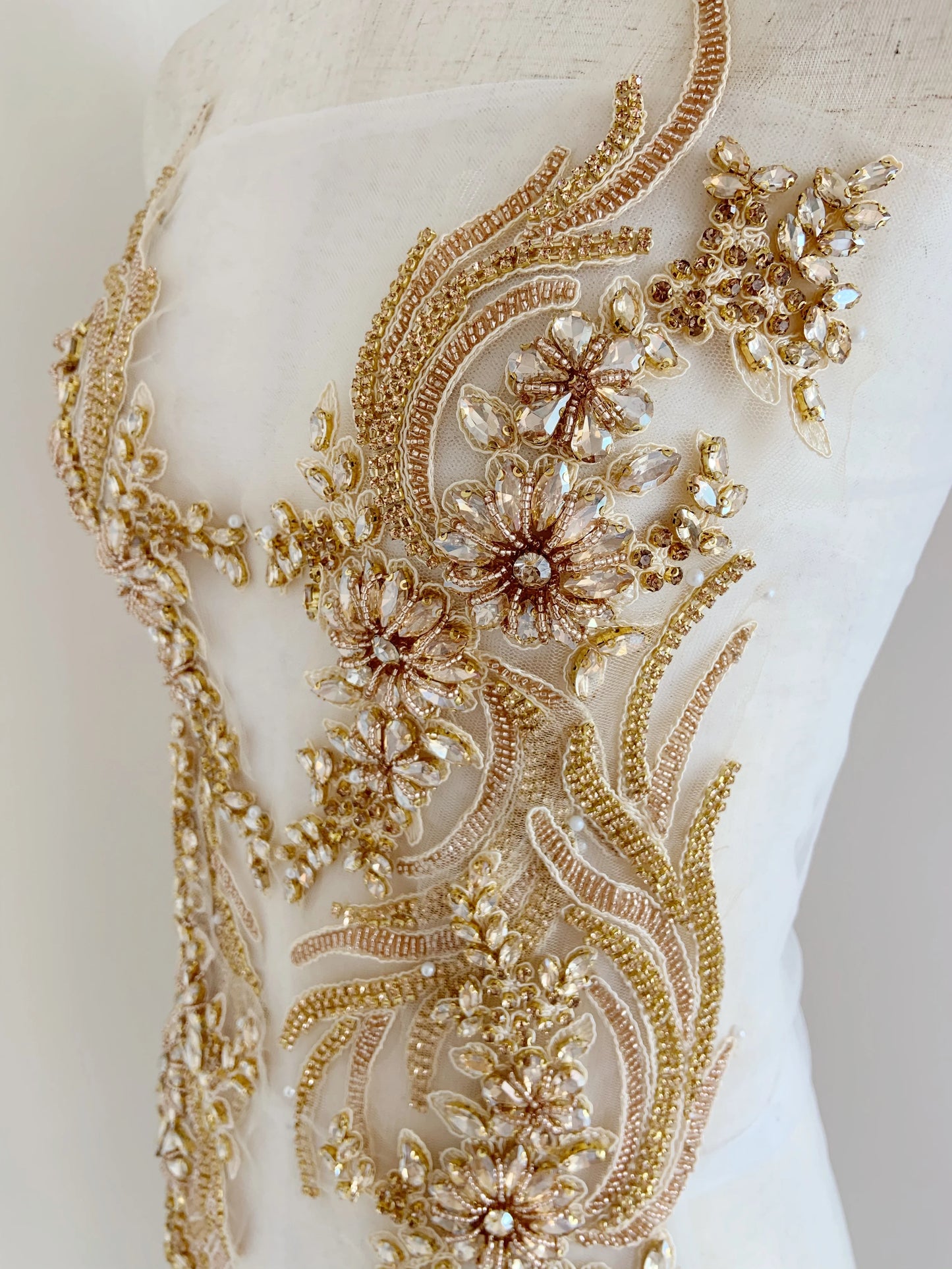 "Luxury French Bead Applique in Champagne Gold – Crystal Bodice Patch for Ball Gown, Wedding Clothing, Bridal Sash & Headpiece"