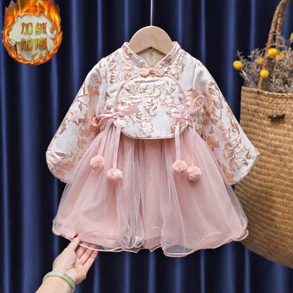 Ancient Chinese Clothing Dress Children's New Year Clothes Autumn and Winter Dress Baby Girl One Year Old Dress Princess Dress F