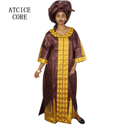 African Dresses For Woman Bazin Riche Embroidery Desing Long Dress With Scarf 2 Piece Set