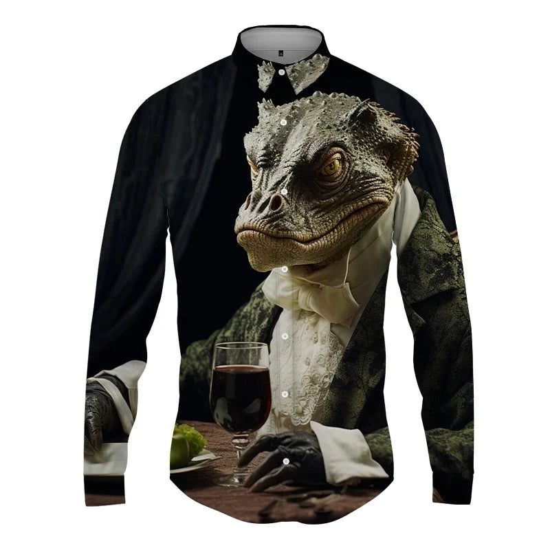 Cold-Blooded Lizard Print Men's Shirts Casual Single-Breasted Blouses Long Sleeve Shirt Streetwear Lapel Tops Trend Men Clothing