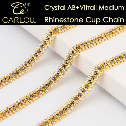 CARLOW AAAAA 3 Rows Rhinestone Cup Chain Sew on Shiny Gold Base Glass Stone Chain for Garement Decoration DIY