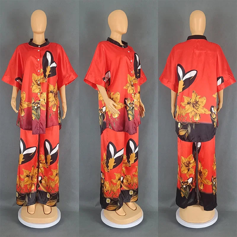 Outfits 2 Piece African Clothes for Women Summer 2024 Fashion African Short Sleeve Polyester Print Top Long Pant Matching Sets