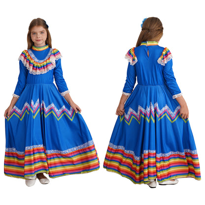 Kids Girls Mexican Style Costume Traditional Jalisco Dresses Carnival Festival Folklorico Dance Celebrations Performance Dress