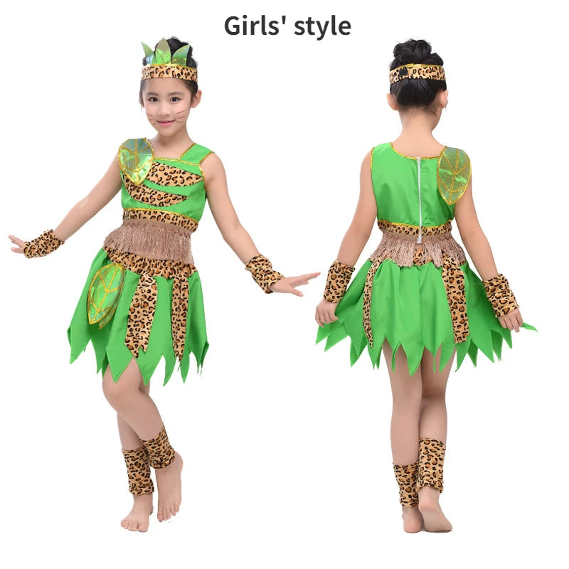 Green Children's Wear Plays Out Costume Tage Costume African Dance Indian Savage Hunter Show Costume Dance Costume  -BC9886