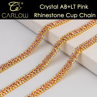 CARLOW AAAAA 3 Rows Rhinestone Cup Chain Sew on Shiny Gold Base Glass Stone Chain for Garement Decoration DIY