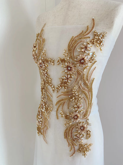 "Luxury French Bead Applique in Champagne Gold – Crystal Bodice Patch for Ball Gown, Wedding Clothing, Bridal Sash & Headpiece"