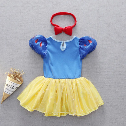 Baby Girls Princess Romper Bodysuit Headband 2pcs Elsa Anna Snow White Mermaid Bell Costumes Newborn Jumpsuits Tulle Bow Rompers